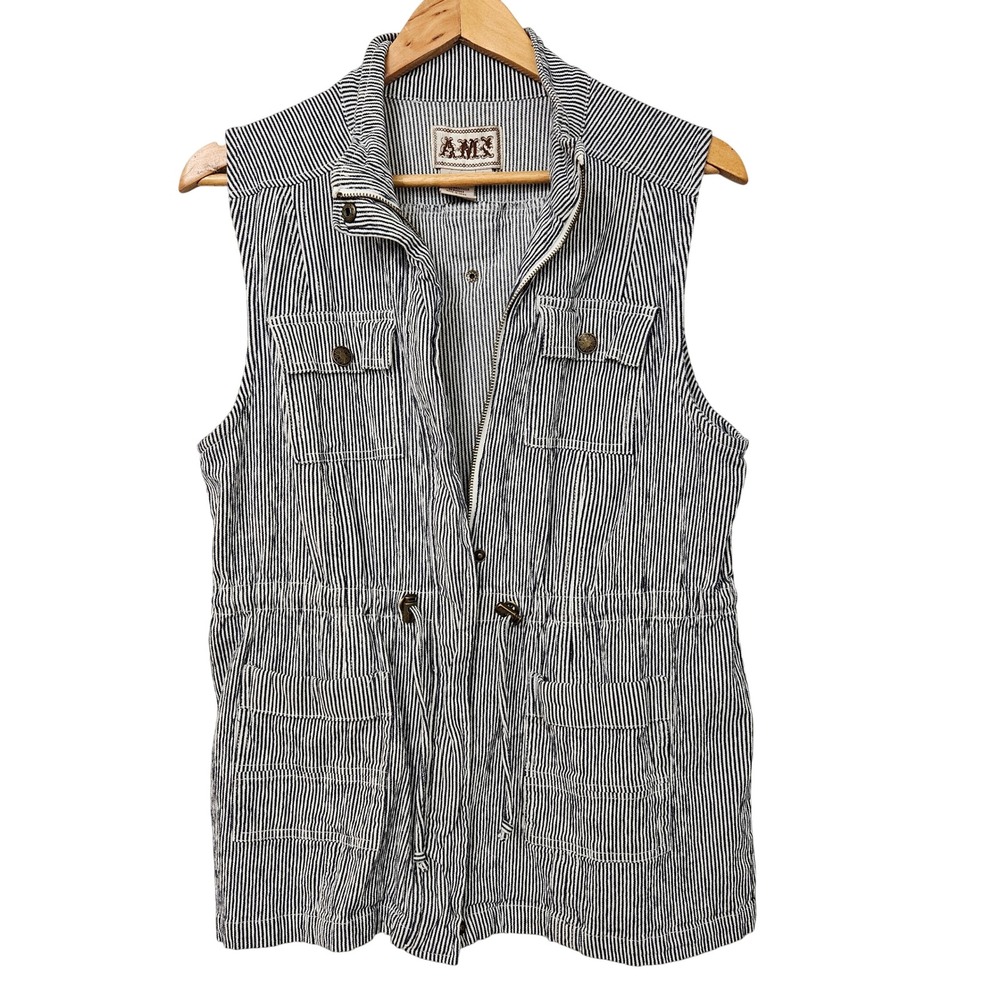 AMX Womens Blue White Railroad Stripe Utility Vest Drawstring Waist Large